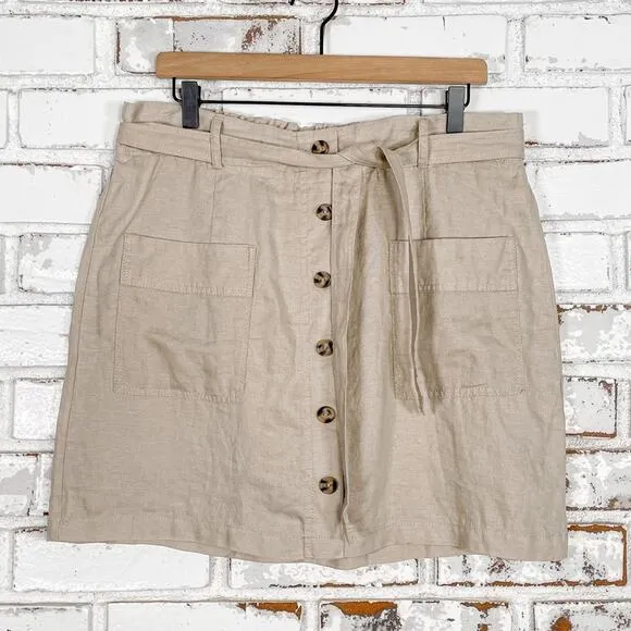 Jones &amp; Co Tan Linen Belted Button Down Skirt with Shorts Mini Skirt Skort L