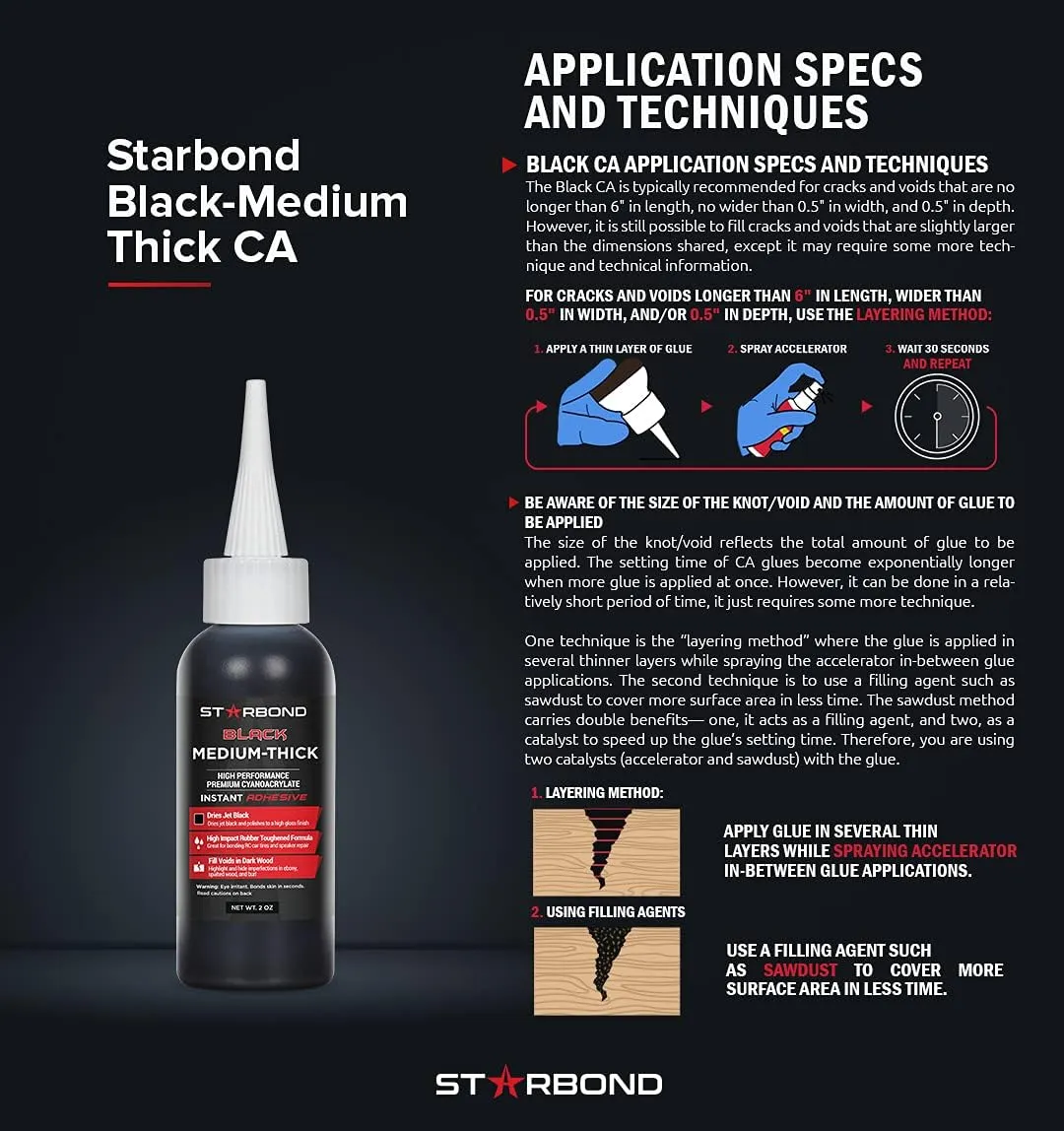 KBL-500 Starbond Black Medium-Thick CA Glue | 16 oz. Refill Bottle Kit
