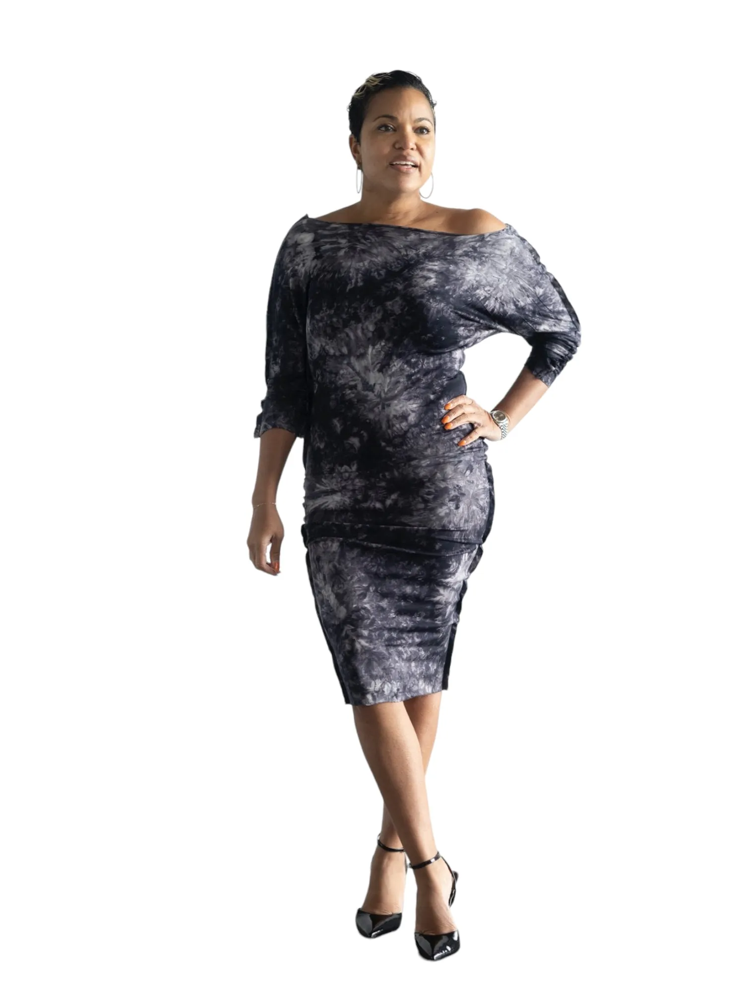 Kendra - Black Tye Dye Mid Calf Dress - TN-109