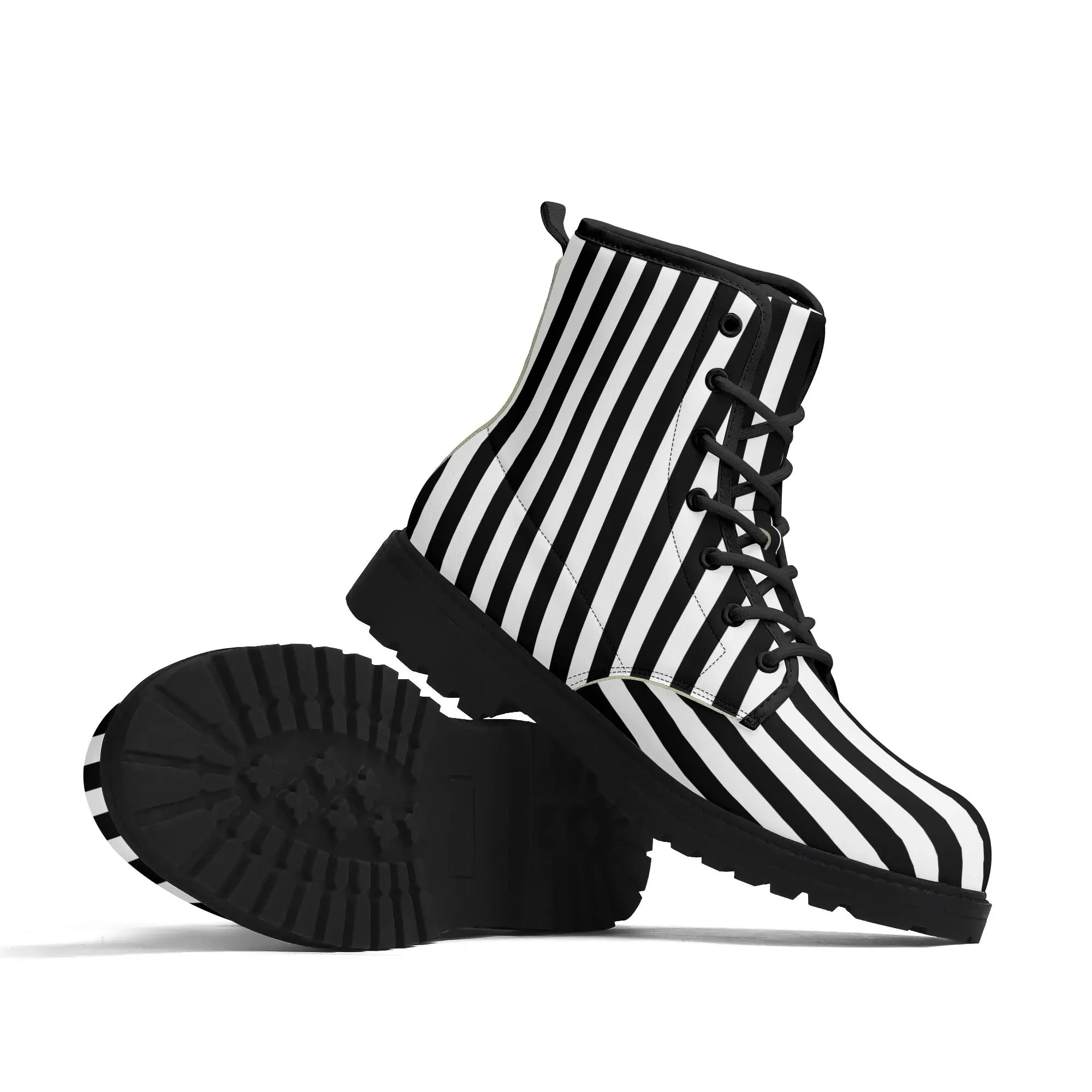 Mens Black White Stripes Vegan Boots, Unisex