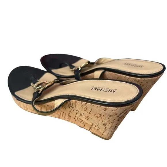 MICHAEL MICHAEL KORS Palm Beach Black Leather Patent Wedge Sandals