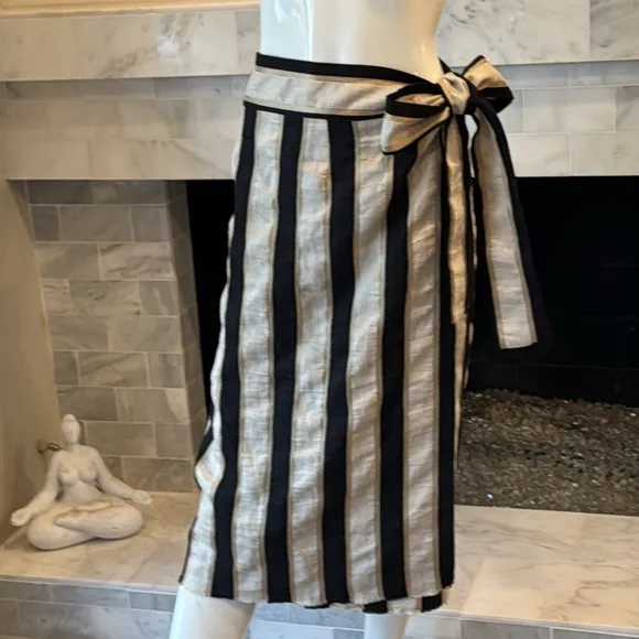 Monoplaza Linen Blend Ivory Gold &amp; Black Striped Wrap Midi Skirt