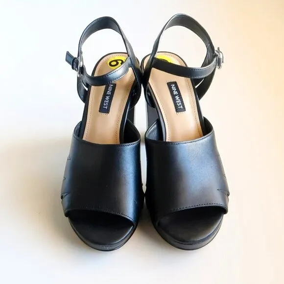 NEW Nine West Delilah Black Leather Slingback Platform Heels / Sandals / Shoes 9