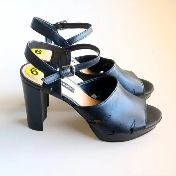 NEW Nine West Delilah Black Leather Slingback Platform Heels / Sandals / Shoes 9