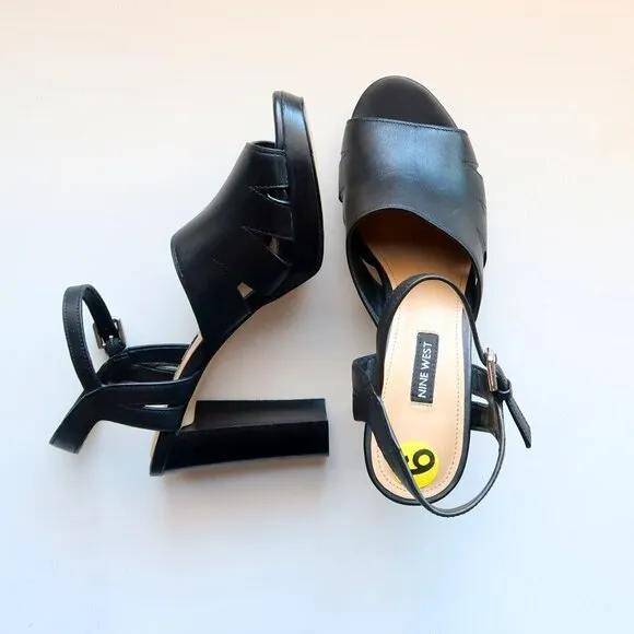 NEW Nine West Delilah Black Leather Slingback Platform Heels / Sandals / Shoes 9