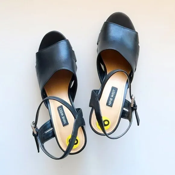 NEW Nine West Delilah Black Leather Slingback Platform Heels / Sandals / Shoes 9