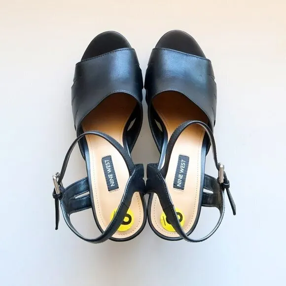 NEW Nine West Delilah Black Leather Slingback Platform Heels / Sandals / Shoes 9
