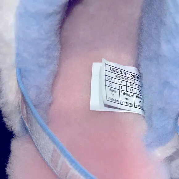 New pastel rainbow fuzzy UGG cozy sandals, new but try on sample.