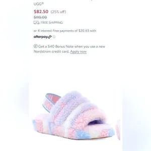 New pastel rainbow fuzzy UGG cozy sandals, new but try on sample.