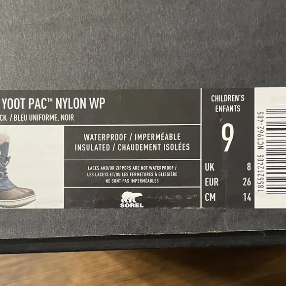 NIB SOREL YOOT PAC NYLON WATERPROOF BOOTS KIDS' 9