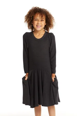 Puff Black Licorice Long Sleeve Dress with Twirl Skirt
