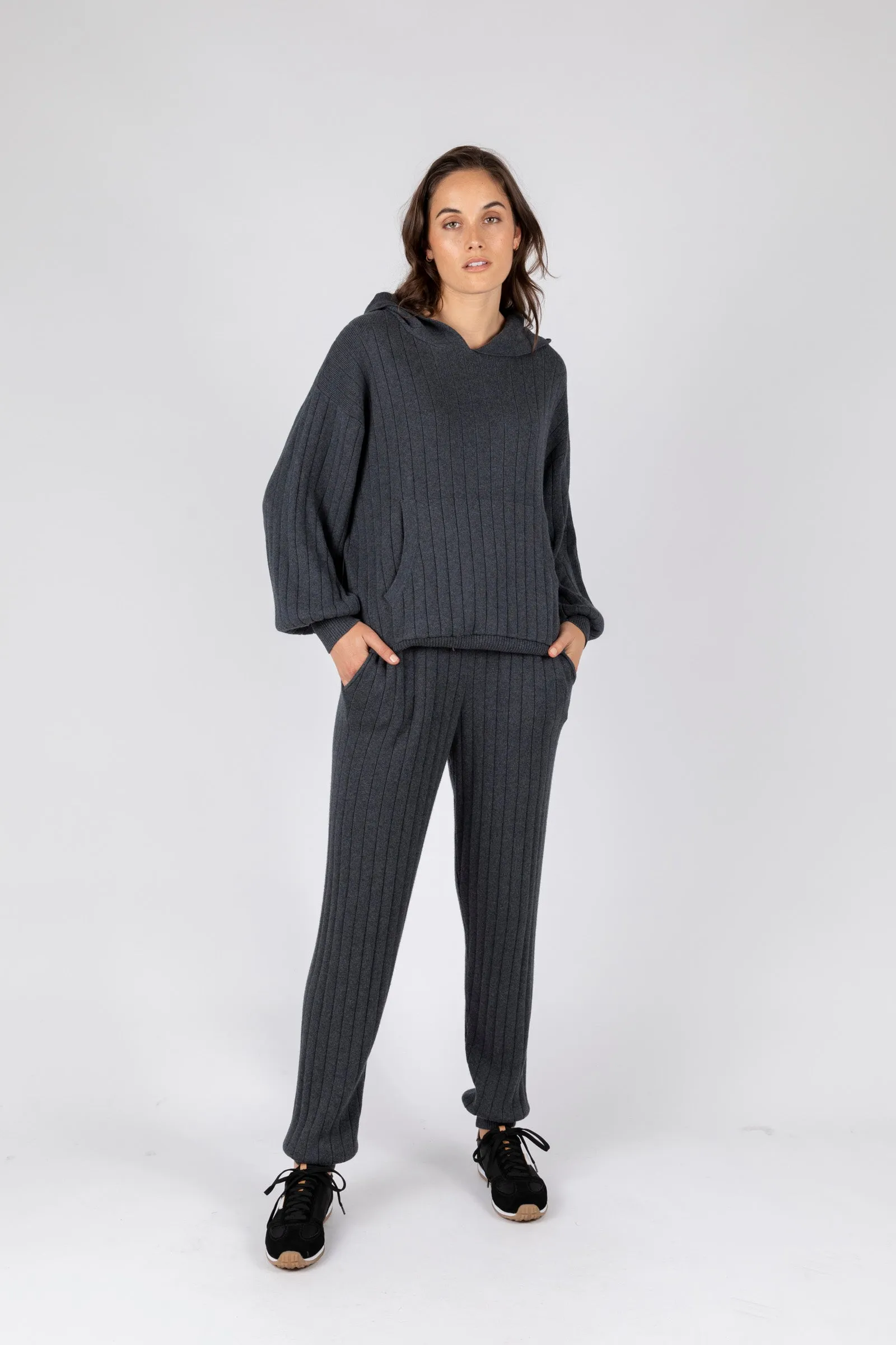 Relax Rib Knit Hoodie - Carbon Marle