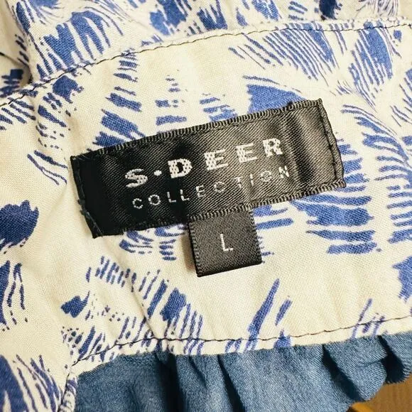 S. Deer Patterned Cotton Blue &amp; White Bohemian Summer Skirt Large