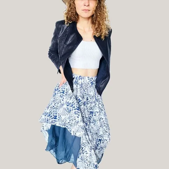 S. Deer Patterned Cotton Blue &amp; White Bohemian Summer Skirt Large