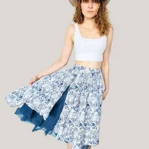S. Deer Patterned Cotton Blue &amp; White Bohemian Summer Skirt Large