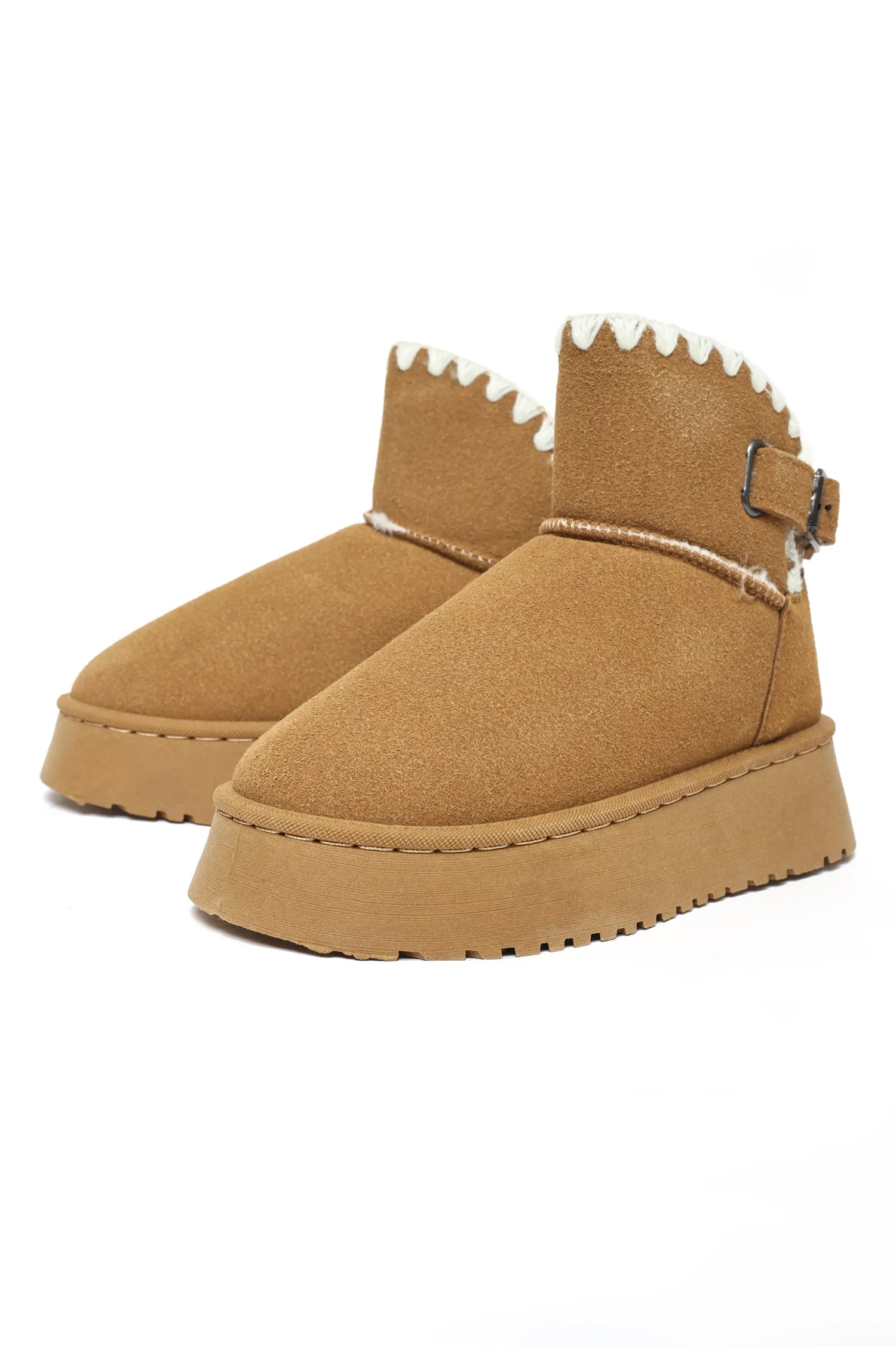 Shearling Trim Platform Boots-Camel