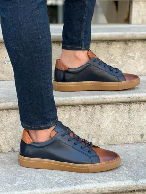 Special Designed Dark Blue And Brown Leather Sneakers - Sneaker Shoes