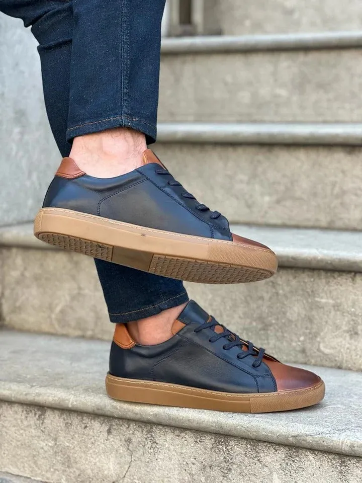 Special Designed Dark Blue And Brown Leather Sneakers - Sneaker Shoes
