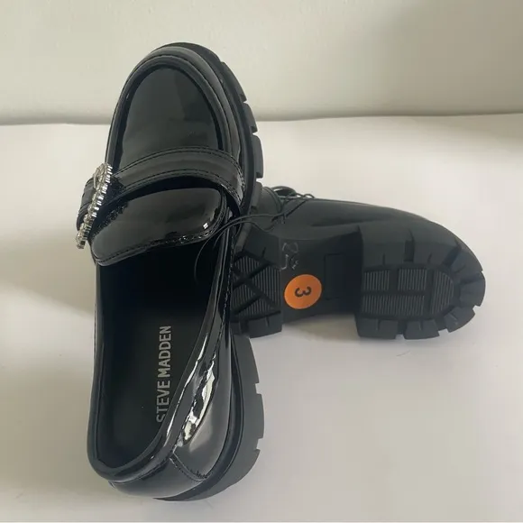 Steve Madden Black Patent Loafers with Rhinestone Buckle