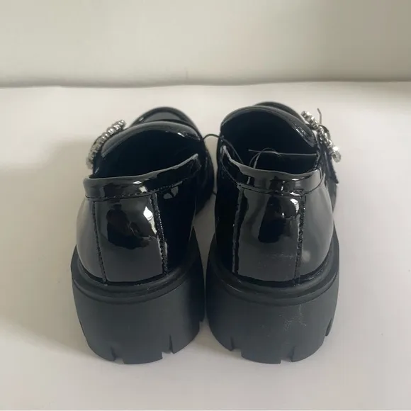 Steve Madden Black Patent Loafers with Rhinestone Buckle