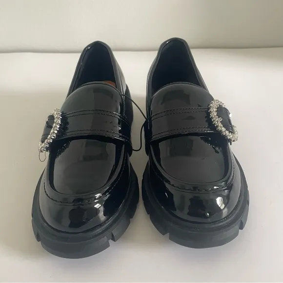 Steve Madden Black Patent Loafers with Rhinestone Buckle