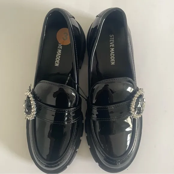 Steve Madden Black Patent Loafers with Rhinestone Buckle