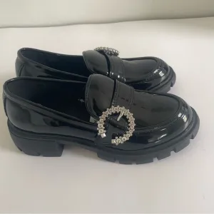 Steve Madden Black Patent Loafers with Rhinestone Buckle