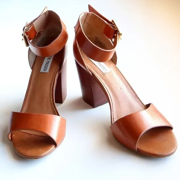 Steve Madden Estoria Cognac Brown Leather Ankle Strap Block Heels Sandals 10