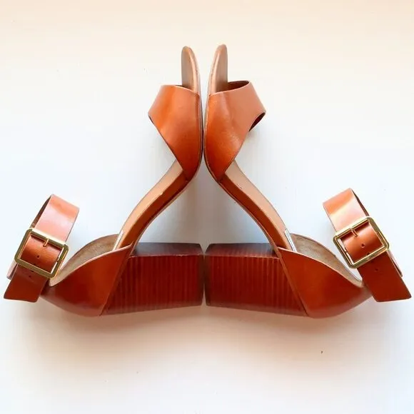 Steve Madden Estoria Cognac Brown Leather Ankle Strap Block Heels Sandals 10