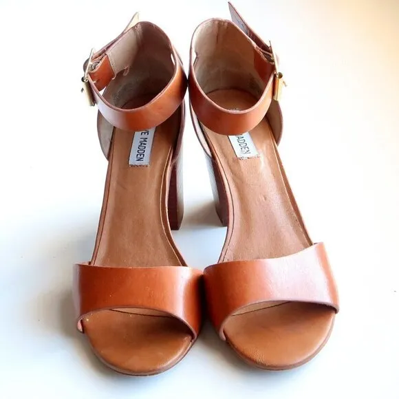 Steve Madden Estoria Cognac Brown Leather Ankle Strap Block Heels Sandals 10