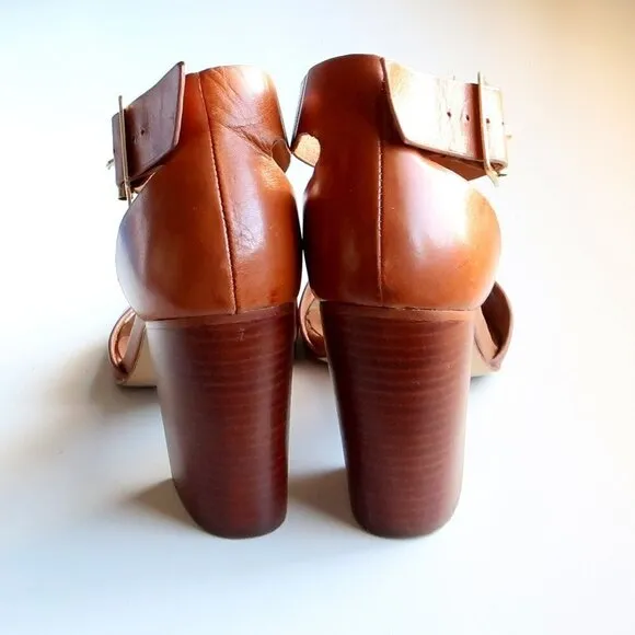 Steve Madden Estoria Cognac Brown Leather Ankle Strap Block Heels Sandals 10