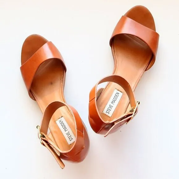 Steve Madden Estoria Cognac Brown Leather Ankle Strap Block Heels Sandals 10