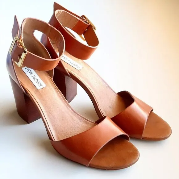 Steve Madden Estoria Cognac Brown Leather Ankle Strap Block Heels Sandals 10