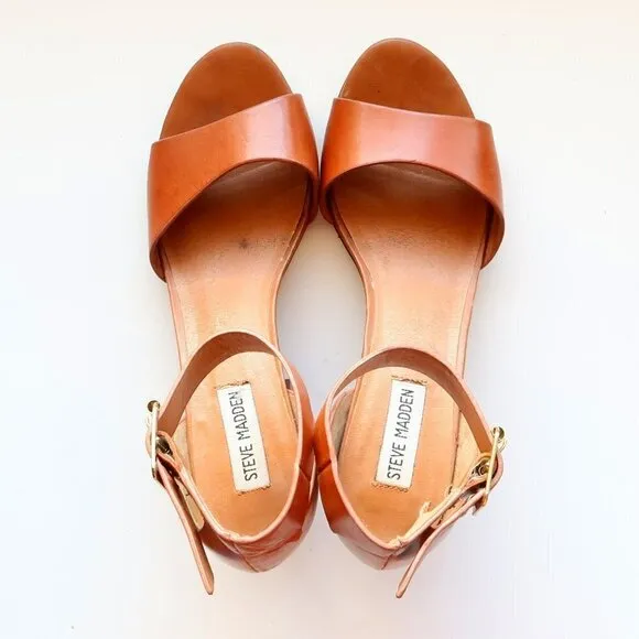 Steve Madden Estoria Cognac Brown Leather Ankle Strap Block Heels Sandals 10