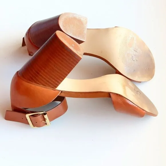 Steve Madden Estoria Cognac Brown Leather Ankle Strap Block Heels Sandals 10