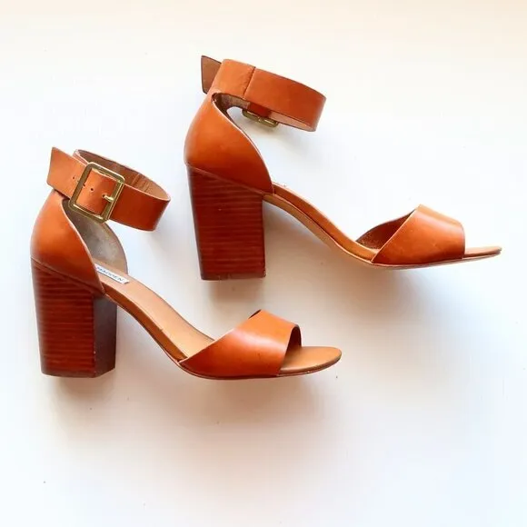 Steve Madden Estoria Cognac Brown Leather Ankle Strap Block Heels Sandals 10