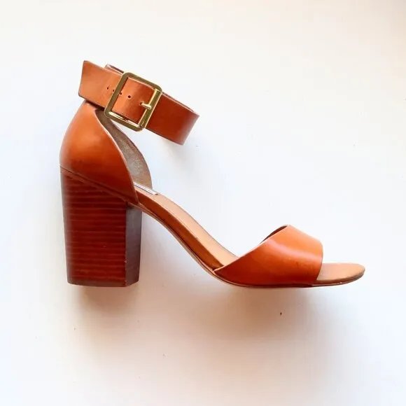 Steve Madden Estoria Cognac Brown Leather Ankle Strap Block Heels Sandals 10
