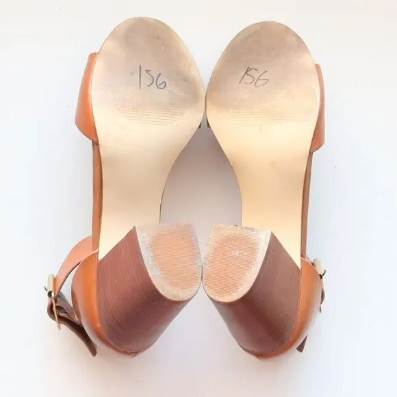 Steve Madden Estoria Cognac Brown Leather Ankle Strap Block Heels Sandals 10