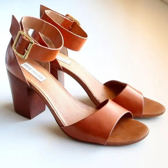 Steve Madden Estoria Cognac Brown Leather Ankle Strap Block Heels Sandals 10