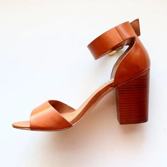 Steve Madden Estoria Cognac Brown Leather Ankle Strap Block Heels Sandals 10