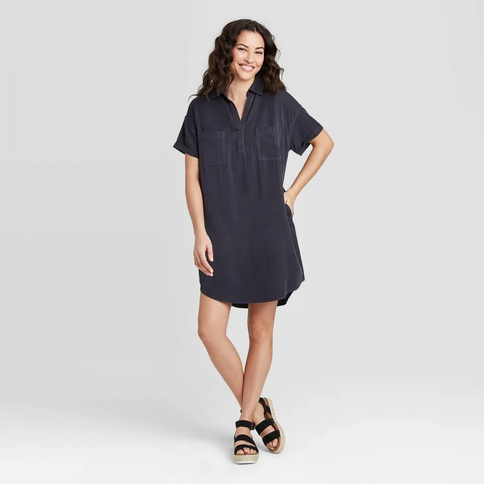 Universal Thread Women's Short Sleeve Shirtdress 00547554 Navy Blue L