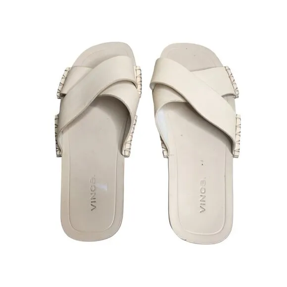 Vince Nico women's off white leather cross flat slip on casual sandals Size 6.5