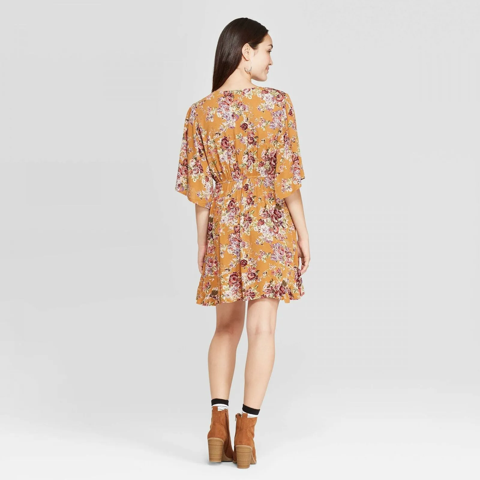 Xhilaration Women's Floral Print Elbow Sleeve V-Neck Mini Dress