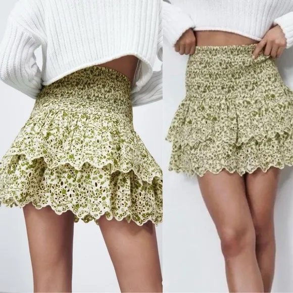 Zara Eyelet Patterned Smocked Mini Skirt in Green and Beige Size XXL