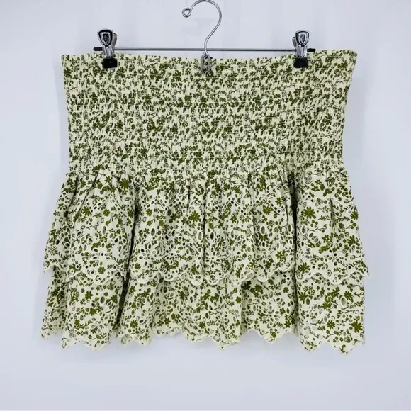 Zara Eyelet Patterned Smocked Mini Skirt in Green and Beige Size XXL