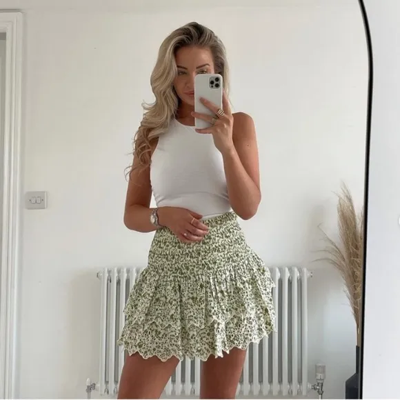 Zara Eyelet Patterned Smocked Mini Skirt in Green and Beige Size XXL